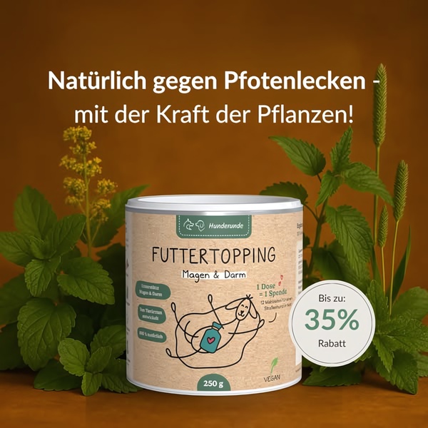 A clean, natural-themed product advertisement for a dog food topper highlighting a 35% discount and charity contribution.